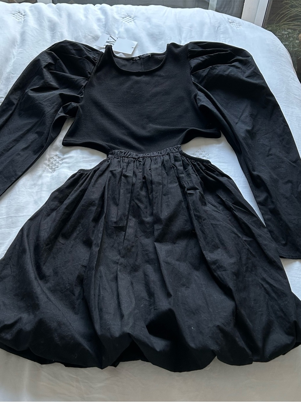 Zara Black Puff-Sleeve Mini Dress with Waist Cutouts NWT - Picture 12 of 12